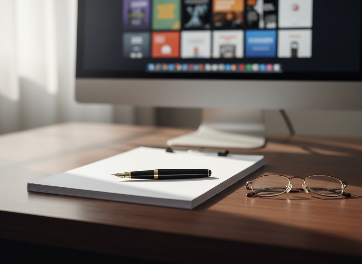 A close-up, photographic view of a tidy workspace featuring a manuscript in progress: a stack of crisp white pages neatly clipped together, a high-quality black fountain pen resting across the top, and a pair of reading glasses folded beside it. The papers sit on a smooth dark-wood desk, with a blurred background of a computer monitor showing a subtle grid of project thumbnails representing different book covers and media projects, all without readable text. Soft, diffused morning light from the left creates gentle reflections on the pen and faint shadows under the pages. Shot from a slightly elevated angle with shallow depth of field, the mood is focused, professional, and quietly optimistic, ideal for illustrating an author’s current projects page.
