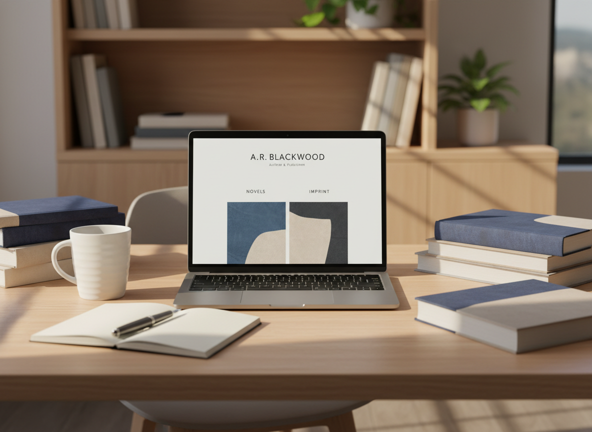 A clean, modern writing desk in a quiet home office, topped with a sleek laptop displaying a minimalist homepage layout for an author-publisher. Around it, neatly stacked hardcovers and trade paperbacks with abstract, text-less covers in deep blues and warm neutrals suggest a portfolio of published works. A ceramic mug, a fountain pen, and a small notebook add subtle detail. Soft afternoon light filters through an unseen window, casting warm, gentle shadows across the wooden surface. Photographic realism at eye level, with a shallow depth of field that keeps the desk in sharp focus while the background bookshelf blurs into a calm, inviting haze, creating a professional yet approachable atmosphere for a personal author site.