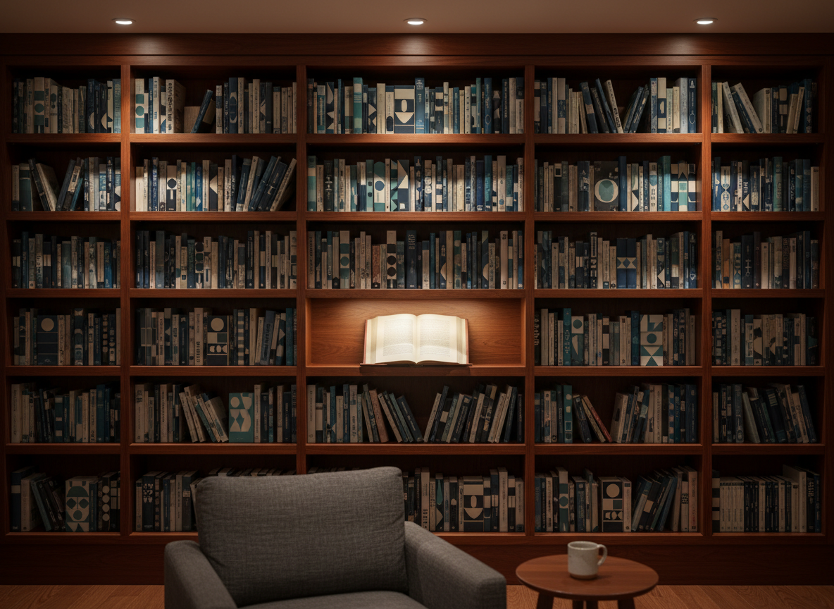 An elegant wooden bookshelf wall filled with uniformly spaced books whose spines show only geometric patterns and color blocks in shades of navy, teal, and cream, subtly hinting at a curated catalog from an independent media imprint. At the center, a single open book lies on a narrow display ledge, its pages blank but beautifully lit, symbolizing new projects in progress. Warm directional spotlights from above create gentle pools of light and soft shadows between shelves. Photographic realism with a straight-on composition, emphasizing order and professionalism, while a slightly blurred reading chair and side table in the foreground add depth and a welcoming, lived-in warmth suitable for an author-publisher’s homepage hero image.